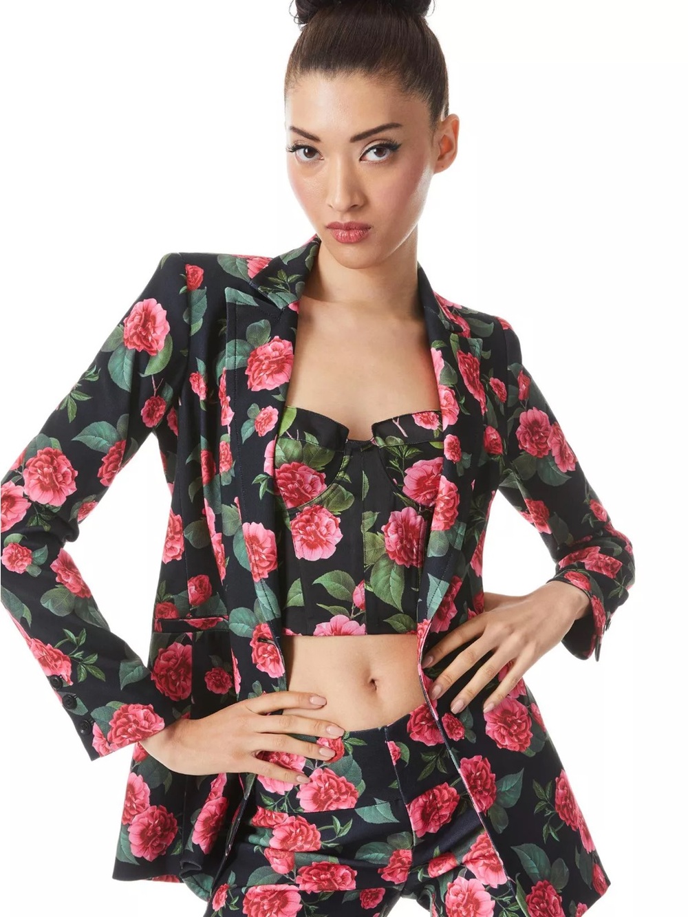 Alice + Olivia Floral Black Pink Rose Blazer & pants Set Size 8 Like New.